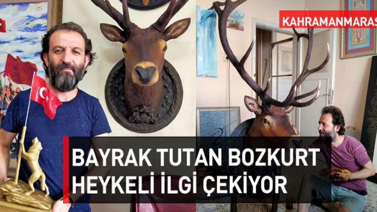 Kahramanmaraş'ta Bayrak Tutan Bozkurt Heykeli İlgi Çekiyor