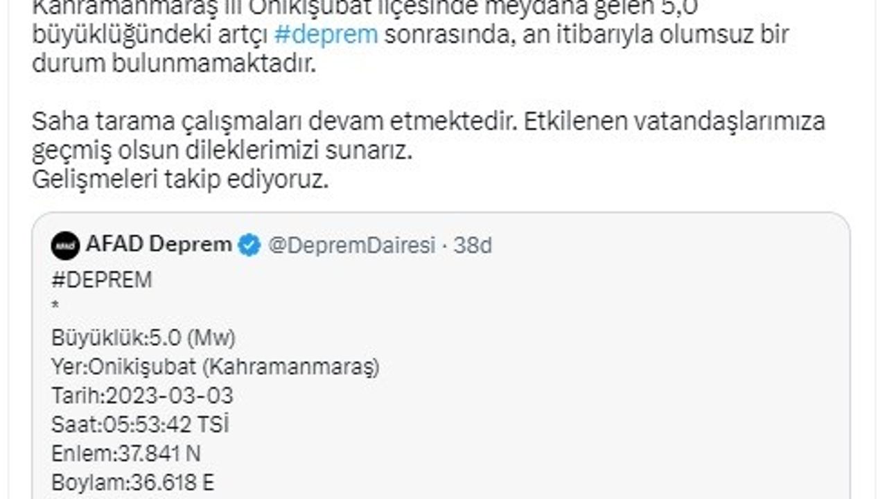 Kahramanmaraş’ta 5.0 büyüklüğünde deprem meydana geldi