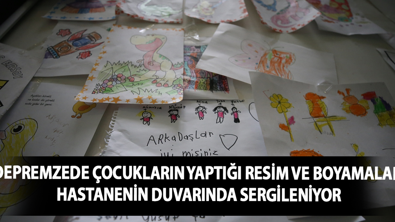 Depremzede çocukların yaptığı resim ve boyamalar hastanenin duvarında sergileniyor