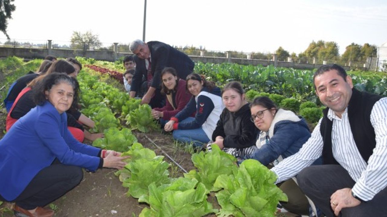 Özel öğrenciler, tarım lisesi öğrencilerinin ürettikleri mantarları ve sebzeleri birlikte topladı